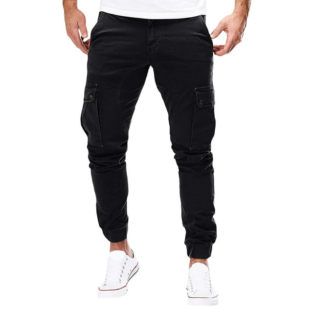 Biekopu Men Slim Cargo Long Pants, Solid Color Middle Waist Straight Leg Trousers Casual Work