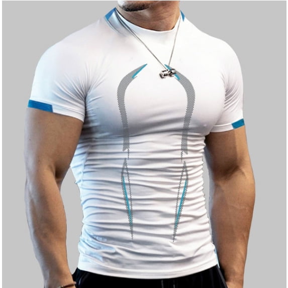 Biekopu Men Sports T-shirt, Short Sleeve Round Neck Stripe Pattern Sports Tops for Summer Spring Gym