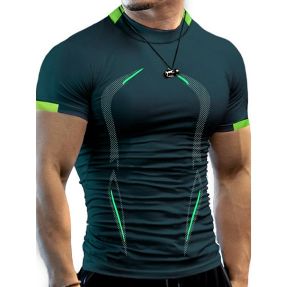 Biekopu Men Sports T-shirt, Short Sleeve Round Neck Stripe Pattern Sports Tops for Summer Spring Gym