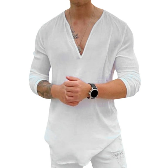 Biekopu Men Spring Summer Casual T Shirt Solid Color Long Sleeve V Neck Shirts Loose Fit Tops