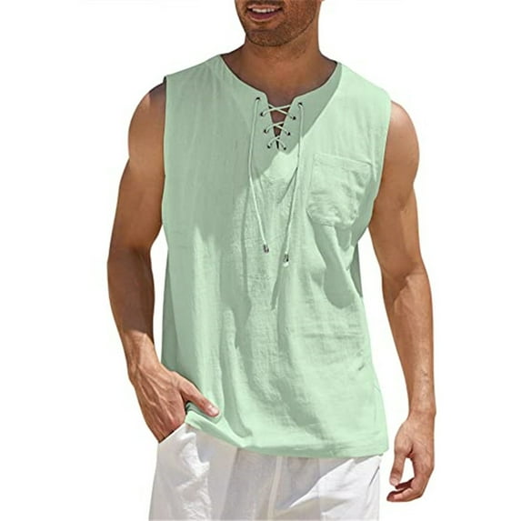 Biekopu Men Summer Casual Vest, Solid Color Sleeveless Tie-up V-neck Loose Fit Sweatshirt for Running/ Fitness