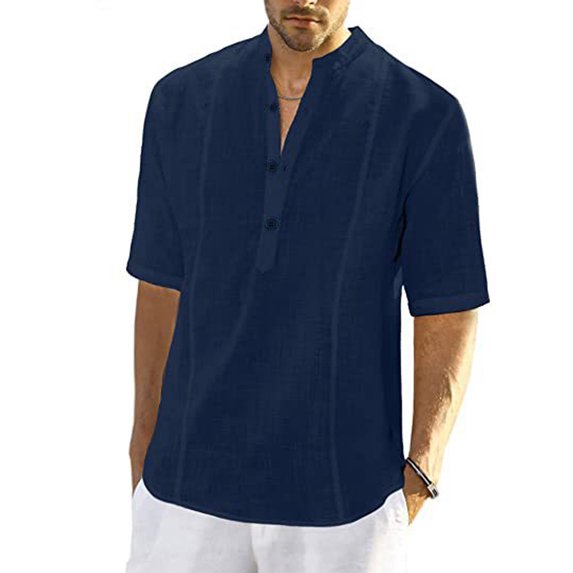 Biekopu Men’s Summer Shirt,Short Sleeve Shirt Stand Collar Button Closure Solid Tops for Casual Daily