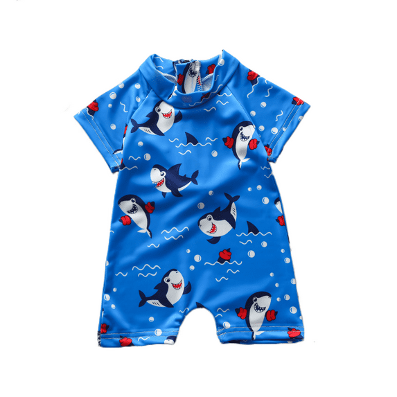 Biekopu Newborn Infant Baby Boys One Piece Swimsuit Swimwear Short Sleeve Cartoon Printed Zipper Bathing Beachwear 0-3 Years