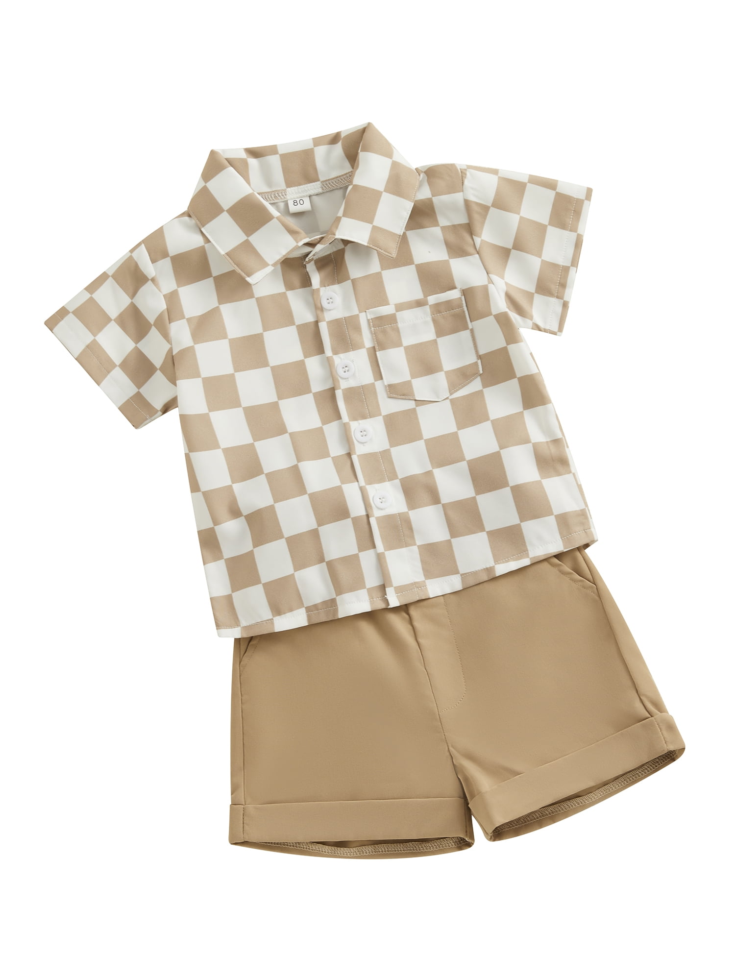 Biekopu Toddler Boy Gentleman Outfit Checkerboard Print Button Short Sleeves Shirt and Shorts