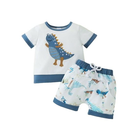Biekopu Toddler Boy Summer Clothes Dinosaur Embroidery Short Sleeve T-Shirt with Elastic Waist Shorts 2Pcs Outfit