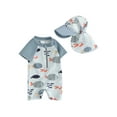 thumbnail image 1 of Biekopu Toddler Boys Rash Guard Swimwear Cartoon Fish Print Short Sleeve Swimsuits Front Zipper Bathing Suits with Swimming Hat, 1 of 9