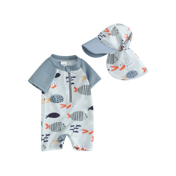 Biekopu Toddler Boys Rash Guard Swimwear Cartoon Fish Print Short Sleeve Swimsuits Front Zipper Bathing Suits with Swimming Hat