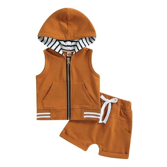 Biekopu Toddler Boys Summer Outfit Sets Sleeveless Zipper Hoodie + Solid Color Drawstring Shorts,3M-3 Years