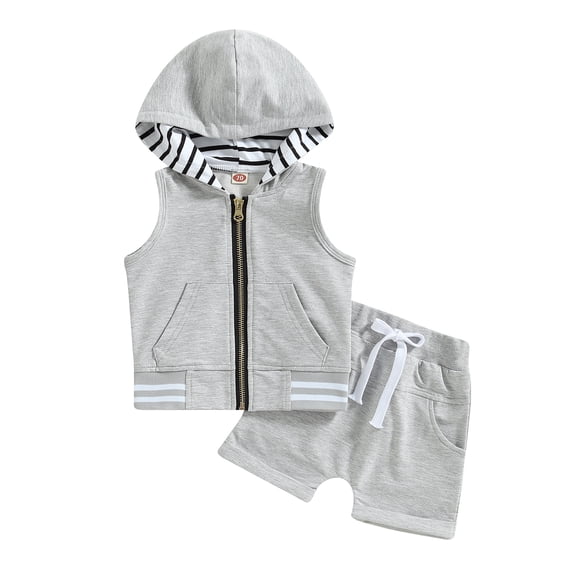 Biekopu Toddler Boys Summer Outfit Sets Sleeveless Zipper Hoodie + Solid Color Drawstring Shorts,3M-3 Years