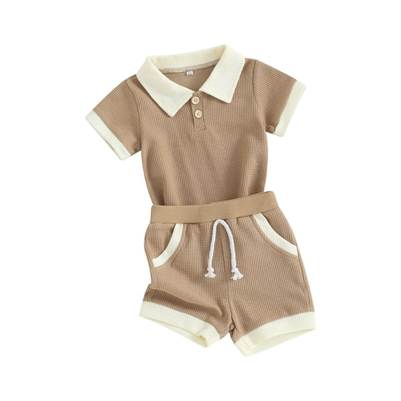 Biekopu Toddler Boys Summer Outfits Contrast Color Buttons Short Sleeve T-Shirts Waffle Tops Elastic Waist Shorts 2Pcs Clothes Set