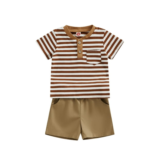 Biekopu Toddler Boys Summer Shorts Sets Short Sleeve Button Up Striped