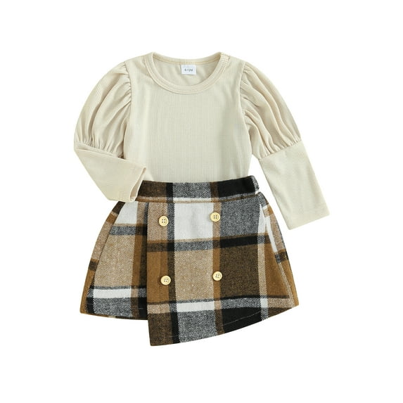 Biekopu Toddler Girl Fall 2Pcs Outfit T Solid Color Ribbed Long Puff Sleeve Tops with Plaid Print Button Decor Skirt Set