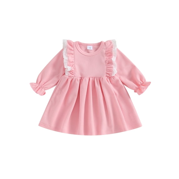 Biekopu Toddler Girl Sweet A-Line Dress, Ruffled Lace Patchwork Long Sleeve Round Neck Dress for Spring Fall