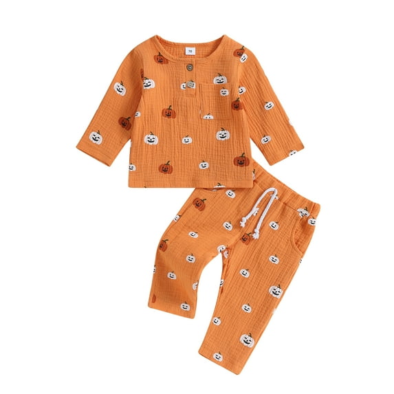 Biekopu Toddler Girls Long Sleeve 2PCS Pants Sets ,Pumpkin Print Button Tops Drawstring Pants Sets
