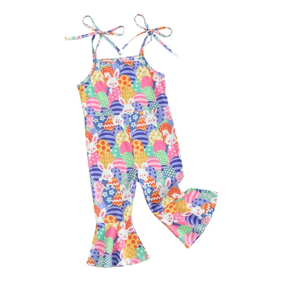 Biekopu Toddler Girls Romper Jumpsuit Sleeveless Spaghetti Strap Easter Egg Rabbit Print Bell Bottom Overalls Kids Summer Easter Clothes