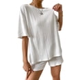 thumbnail image 1 of Biekopu Women 2 Piece Outfits Solid Color Loose Short Sleeve T-Shirt and Elastic Shorts Club Streetwear Summer Clothes, 1 of 6