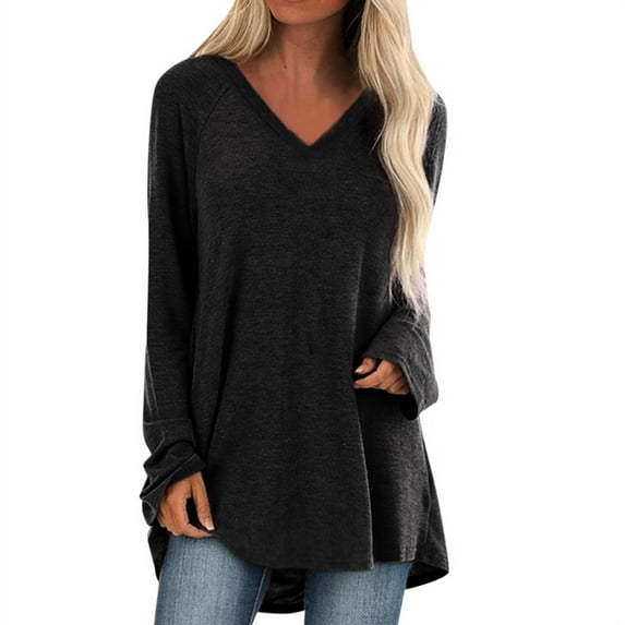 Biekopu Women Autumn Clothes, Solid-Color V-Neck Long-Sleeves Large Size Pullover Top