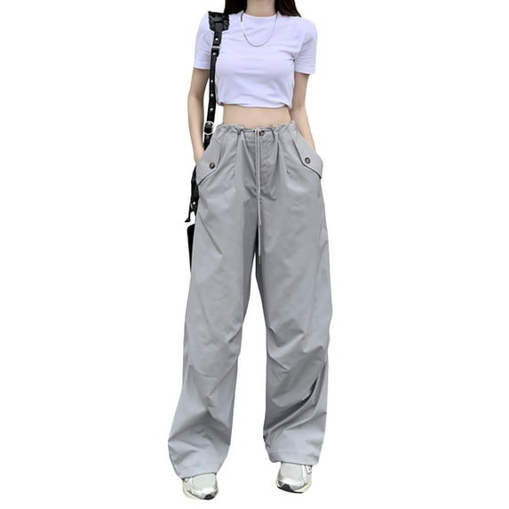 Biekopu Women Baggy Cargo Sweatpants Solid Color Drawstring Straight Leg Joggers Pants Casual Trousers for Streetwear
