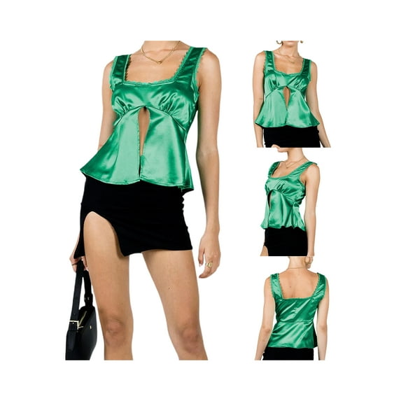 Biekopu Women Camisole, Sleeveless Square Neck Lace Patchwork Slit Summer Tops for Party Club,S,M,L