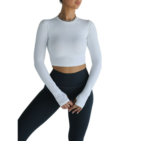 Biekopu Women Cropped Workout Tops Solid Color Thumb Hole Long Sleeve Yoga Athletic Shirt for Sports Gym Running Activewear