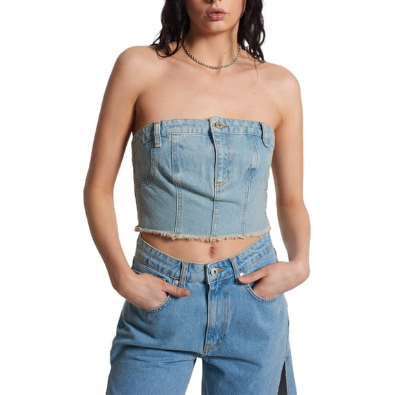 Biekopu Women Denim Tube Tops,Summer Backless Bandeau Button Frayed Hem Strapless Wrap Chest Tank Tops