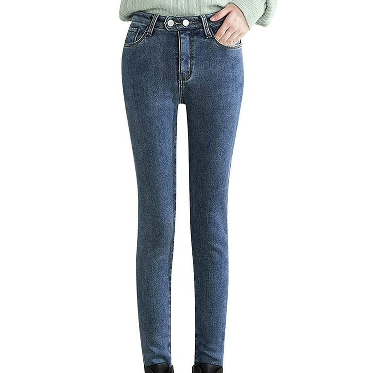 Biekopu Women Fleece Lined Jeans Thermal Flannel Denim Pants Winter Warm  Thicken Skinny Stretch Legging Trousers with Pocket (XS, P-Blue Grey)