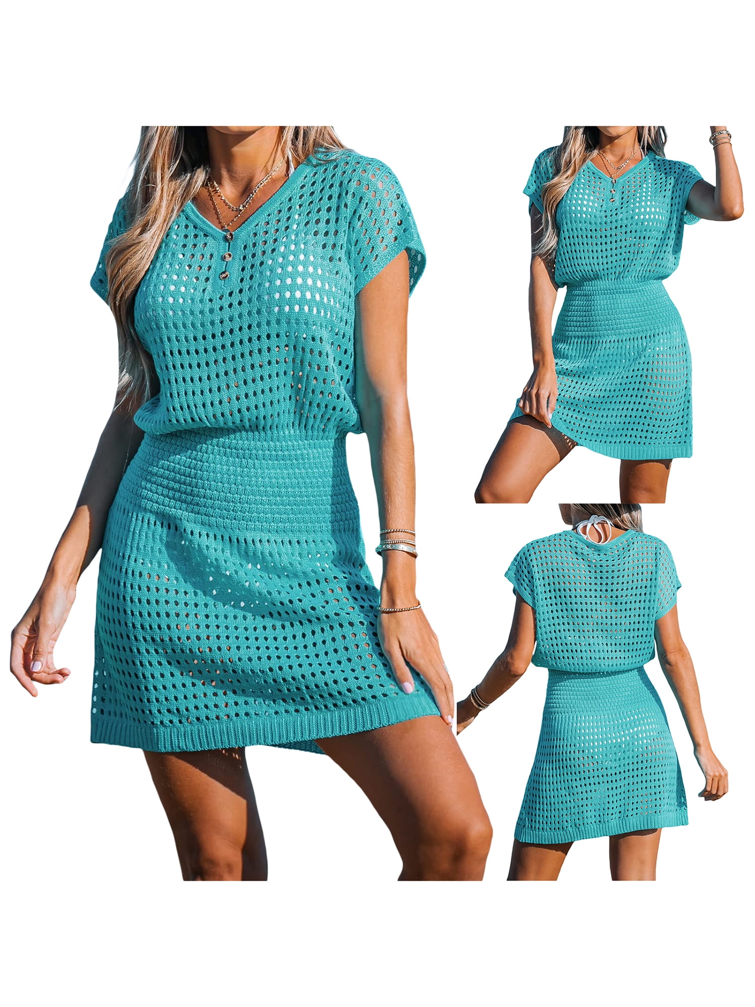 Biekopu Women Knit Coverup Dress, Short Sleeve V Neck Seethrough