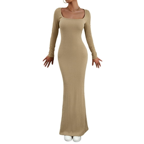Biekopu Women Knit Dress, Long Sleeve Square Neck Solid Slim Fit Fall Cocktail Dress Long Dress