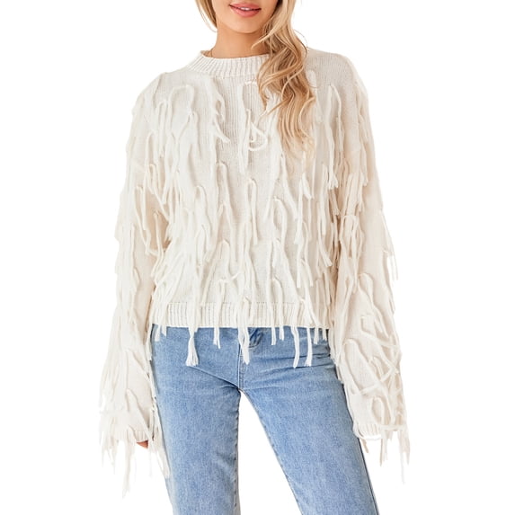 Biekopu Women Knit Sweater Long Sleeve Crew Neck Tasseled Solid Pullover Tops Streetwear