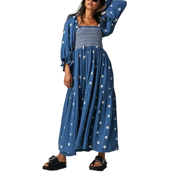 Biekopu Women Long Dress, Long Sleeve Dress Square Neck Embroidery Flower Loose Swing Dress