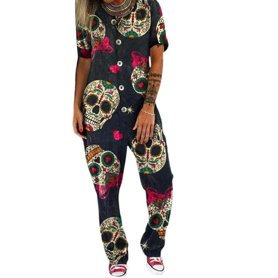 Biekopu Women Loose Jumpsuit, Adults Button-down Skull Print V-neck Short Sleeve Overalls