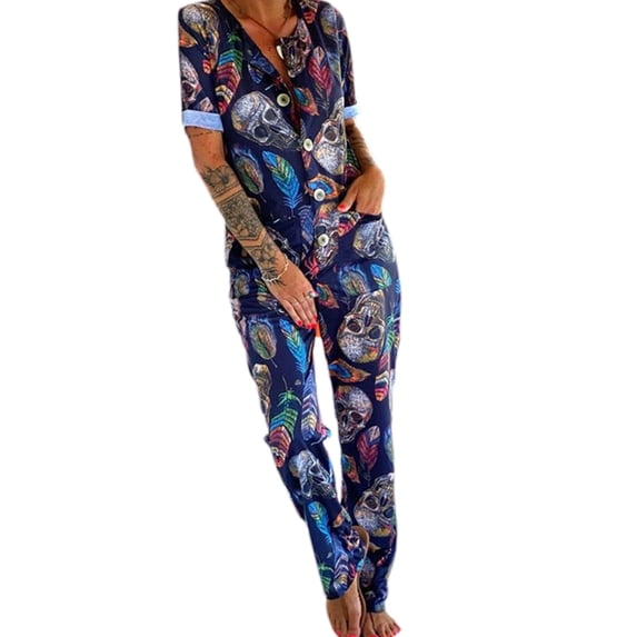 Biekopu Women Loose Jumpsuit, Adults Button-down Skull Print V-neck Short Sleeve Overalls