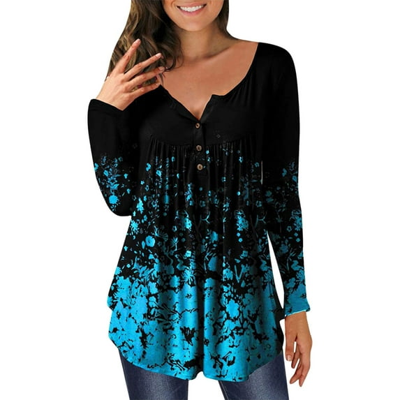 Biekopu Women Loose Tops, Printing Long Sleeve Wide Hem Blouse Base Shirt