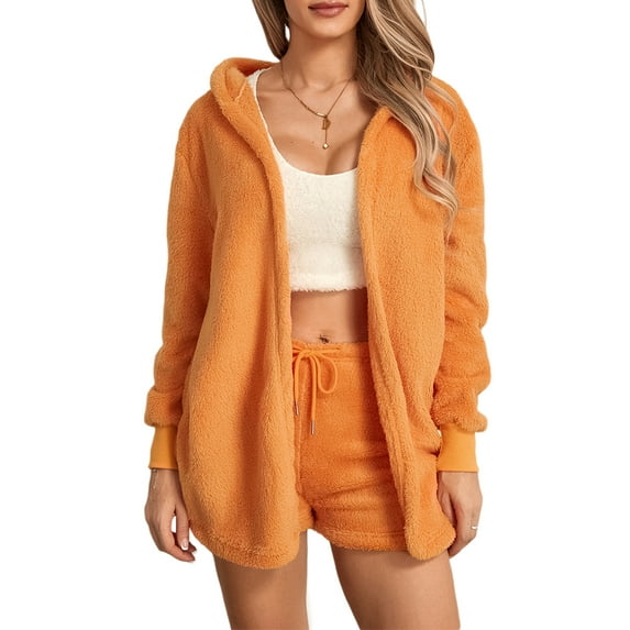 Biekopu Women Plush Pajamas Set 3 Pieces Loungewear Suits Solid Color Long Sleeve Hoodies Cardigan Tank Tops Shorts Sleepwear Outfits