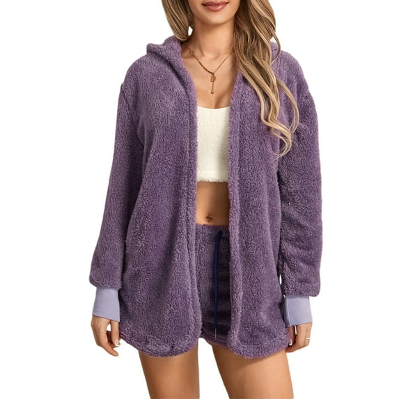 Biekopu Women Plush Pajamas Set 3 Pieces Loungewear Suits Solid Color Long Sleeve Hoodies Cardigan Tank Tops Shorts Sleepwear Outfits