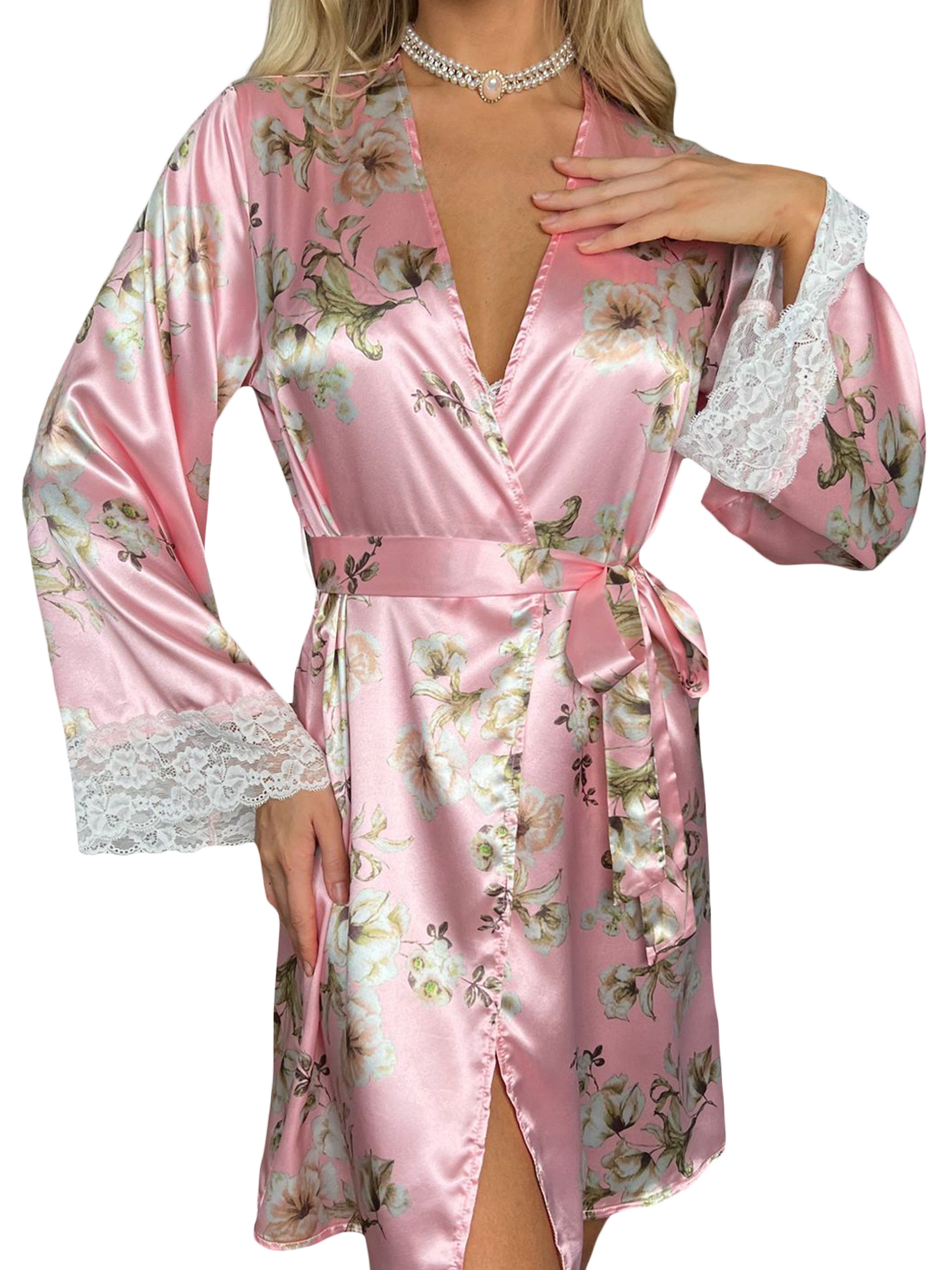 Biekopu Women Robe Sets Lace Patchwork Long Sleeve Bathrobe and Lace