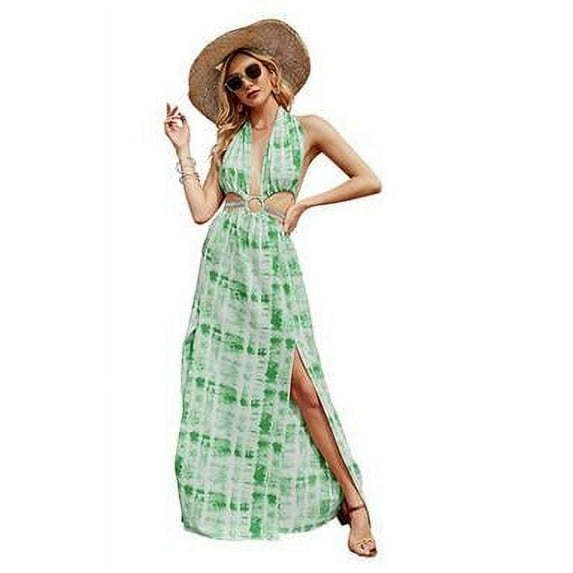 Biekopu Women Sexy Backless Slit Dress, Tie-dyed Printed Pattern Deep V-neck Sleeveless One-piece, Green/ Red/ Blue