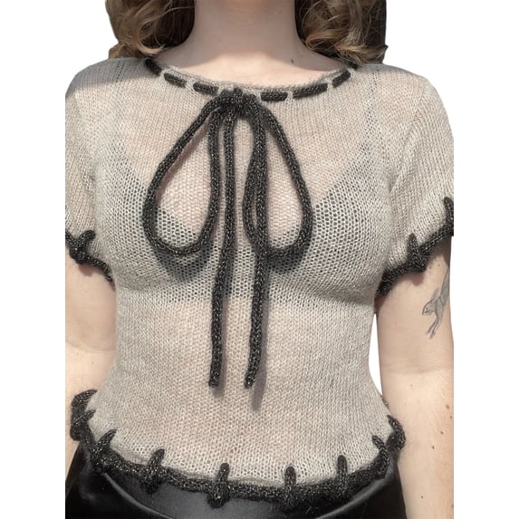 Biekopu Women Short Sleeve Knitted Tops Summer Drawstring Bandage Basic Crop T-shirts