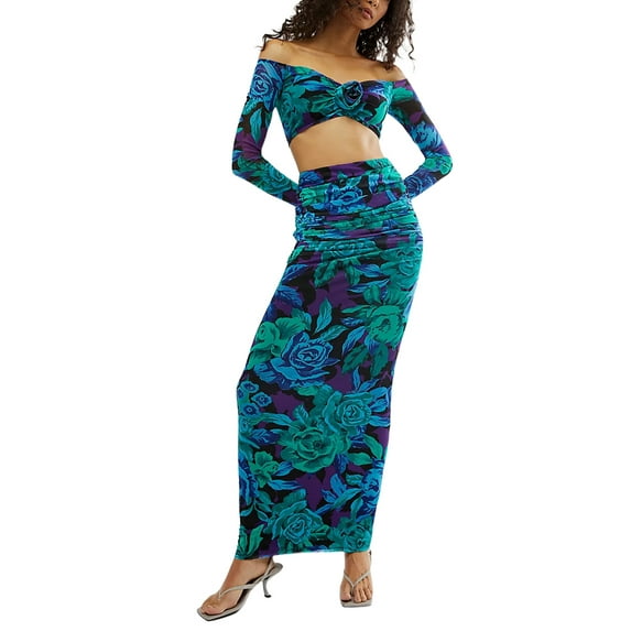 Biekopu Women Skirt Set, Flower Print Long Sleeve Off-shoulder Crop Top with High Waist Long Skirt Fall Outfit