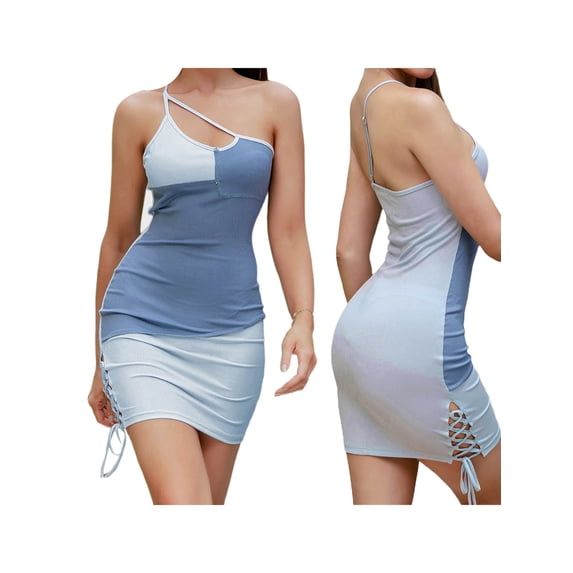 Biekopu Women Sleeveless Bodycon Dress Contrast Color One-Shoulder Spaghetti Strap Backless Cocktail Dress