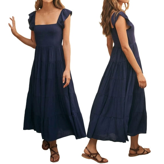 Biekopu Women Sleeveless Flowy Dress Summer Large Pleated Hem Square Neck Beach Party Dress