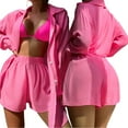 thumbnail image 1 of Biekopu Women Summer 2 Pieces Clothes Outfits Solid Color Turn-Down Collar Long Sleeve Shirts and Elastic Waist Shorts Beach Holiday Set, 1 of 8