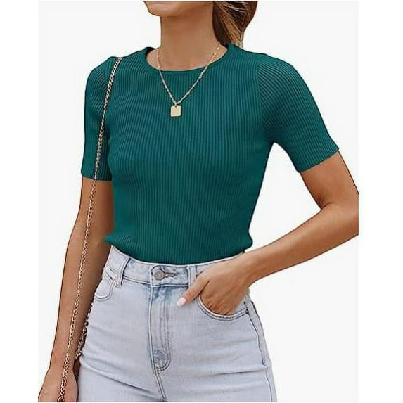 Biekopu Women Summer Basic Ribbed Knit T-Shirts,Solid Color Casual Fitted Short Sleeve Tops for Streetwear