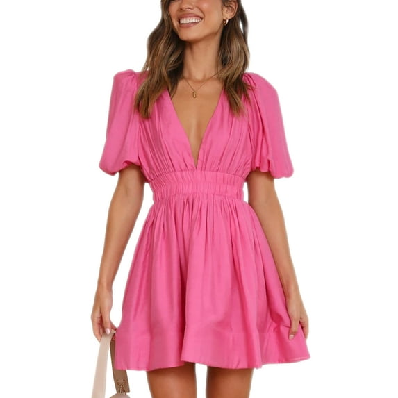 Biekopu Women Summer Casual A-line Dress,Solid Color Deep V-Neck Short Puff Sleeve Mini Party Short Dress
