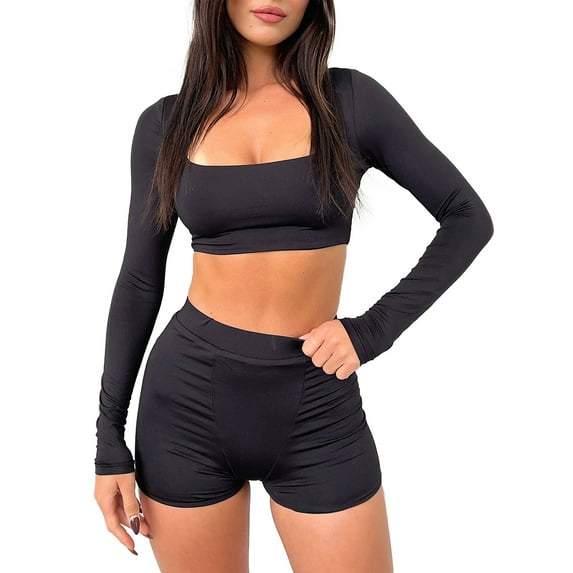 Biekopu Women Summer Clothes 2Pcs Suit, Solid Color Long Sleeve U-Neck Cropped Tops + High-Waist Slim Shorts