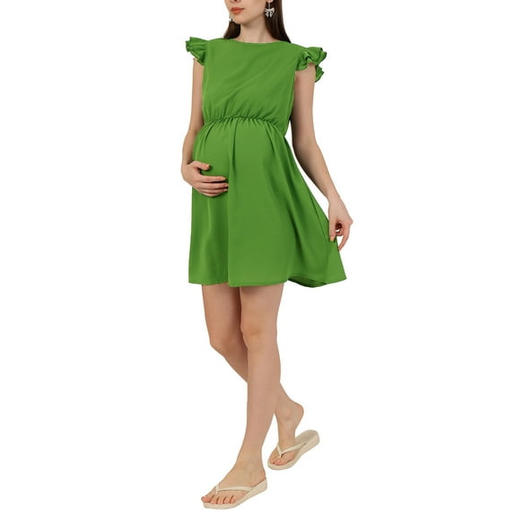 Biekopu Women Summer Maternity Dress, Fly Sleeve Crew Neck Solid Mini Dress Pregnancy Dress for Casual Daily