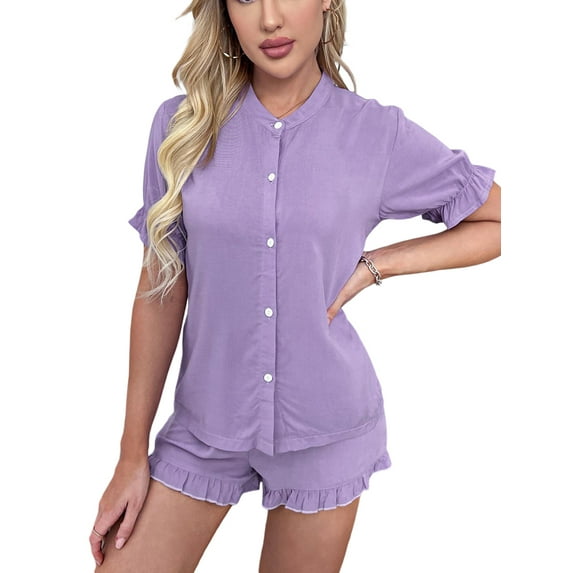 Biekopu Women Summer Pajama Set,Short Sleeve Closure Tops with Shorts Solid Daily Sleepwear
