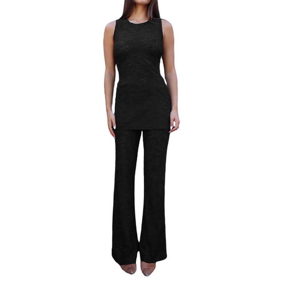 Biekopu Women Summer Pants Outfits Solid Color Textured Tank Tops Elastic Waist Long Pants 2 Pieces Set