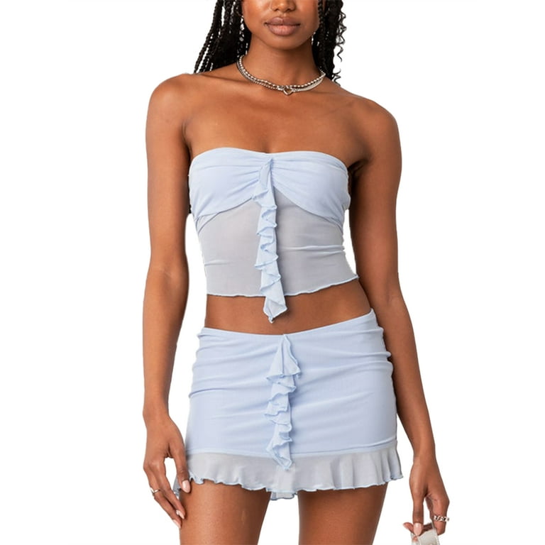 Biekopu Women Summer Skirts Outfits Solid Color Ruffles Boat Neck Strapless Mesh Tube Tops Short Skirt Set Walmart