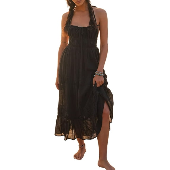 Biekopu Women Summer Sleeveless Beach Dress,Ruffled Hem Backless Party A-Line Dress for Beach Streetwear